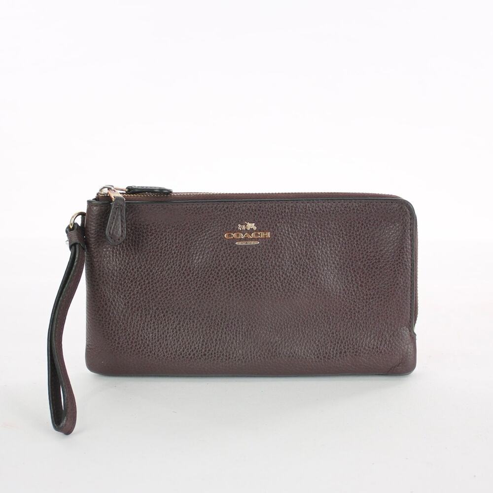 Coach Brown Pebble Leather Double Zip Wristlet F77734
